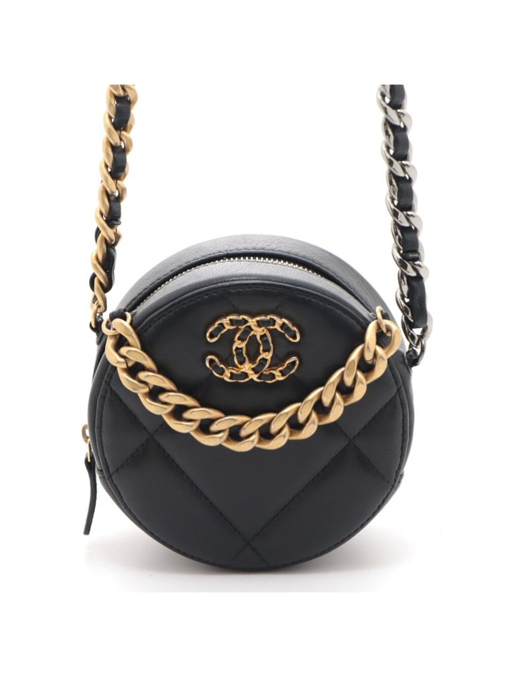 Chanel 19 Round Chain Shoulder Bag Leather Black Silver Ruthenium